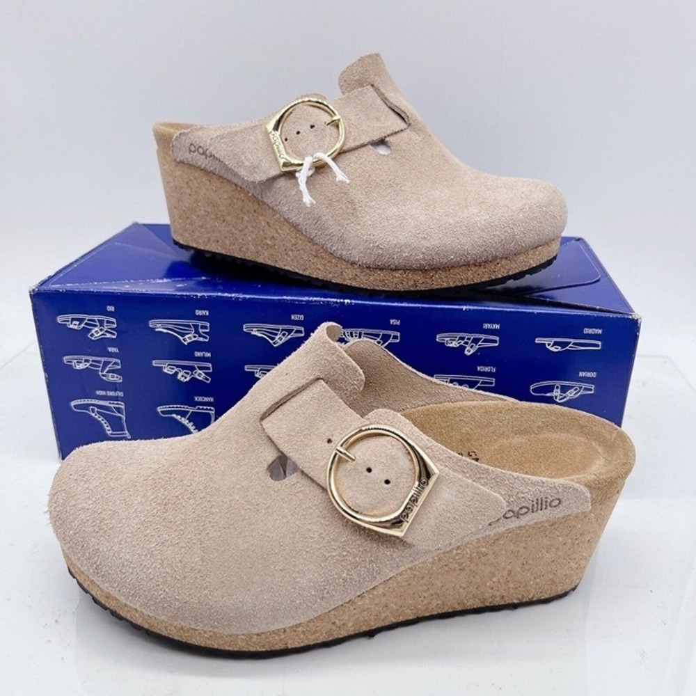 Birkenstock Fanny Ring-Buckle Platform Wedge Clog Warm Sand Suede Womens EU 42